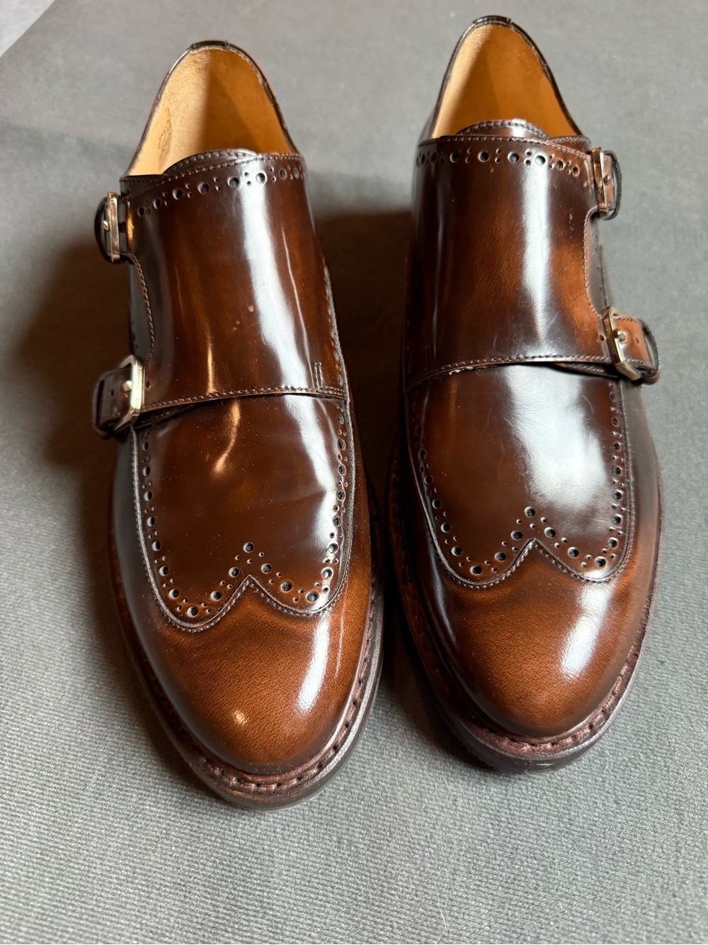 Angela Scott Women's Double Monk Wingtip Loafers in Brown Leather